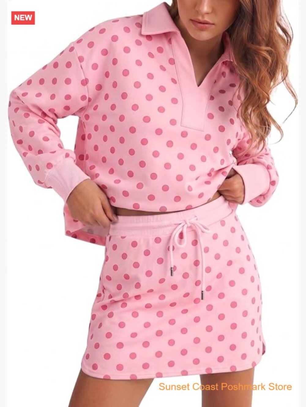 Polka Dot 2 Piece Outfits Long Sleeve Sweatshirt Skirt Set Workout Skort Set